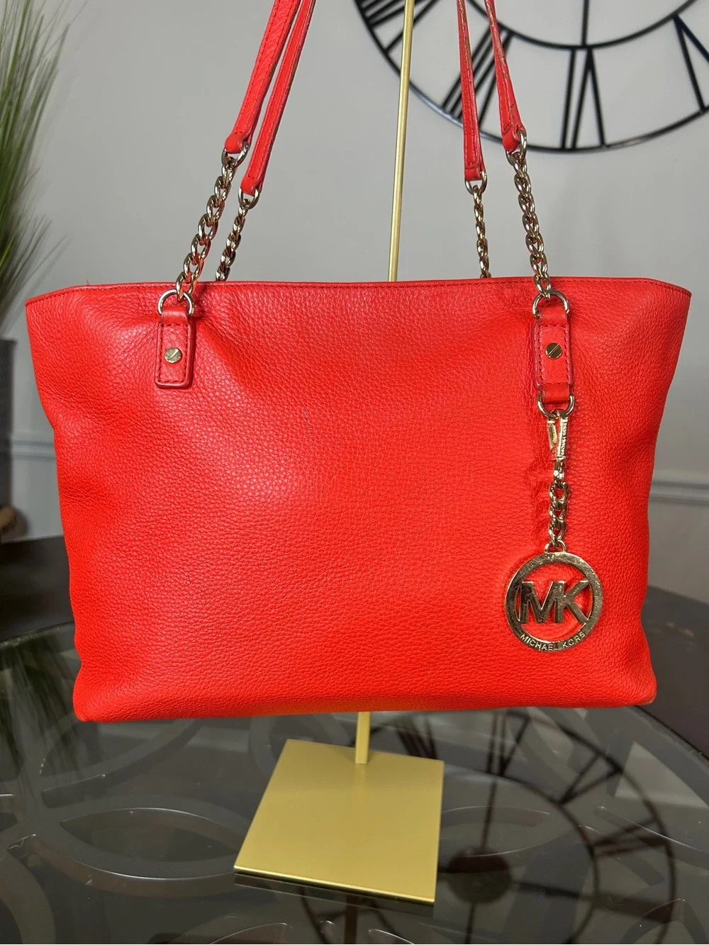 MICHAEL KORS Red Pebbled Leather Tote Bag Gold Chain Shoulder Bag MK Charm